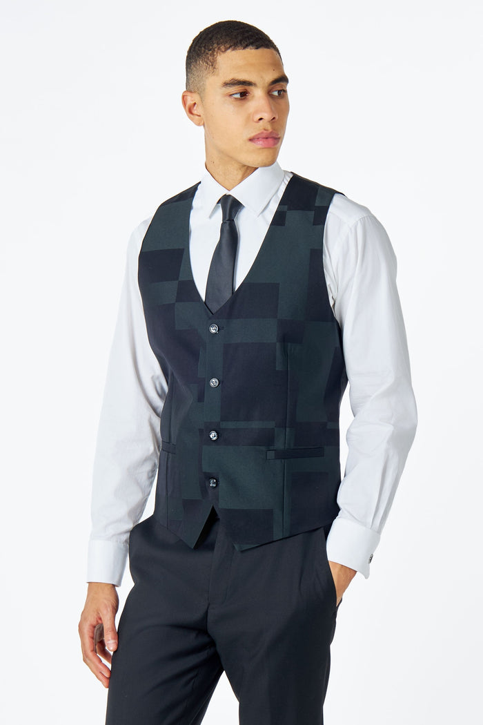 DARK GREEN GEO PATTERN DETAILED 3 PIECE SUIT