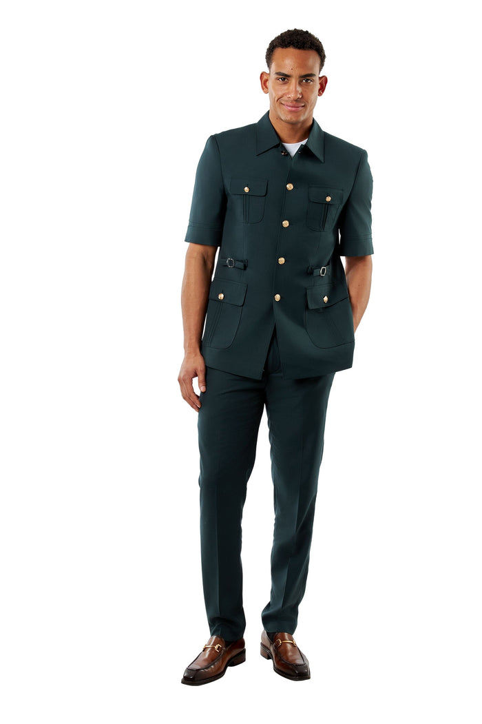 Deep Forest Green Safari Tailored 2 Piece Suit | Short Sleeve