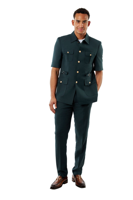 Deep Forest Green Safari Tailored 2 Piece Suit | Short Sleeve