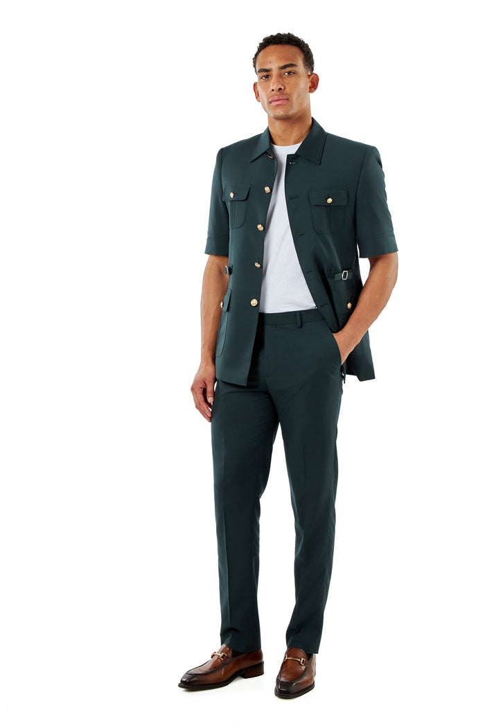 Deep Forest Green Safari Tailored 2 Piece Suit | Short Sleeve