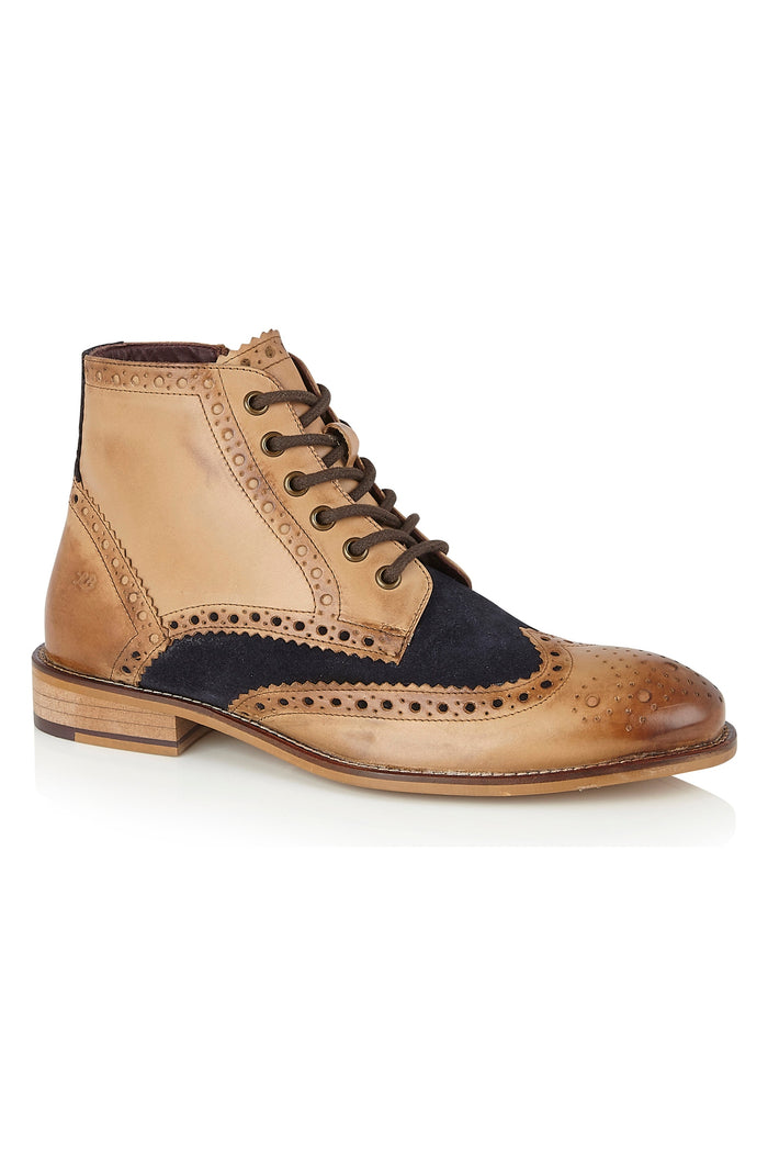 DERBY BROGUE BOOTS IN TAN NAVY SUEDE