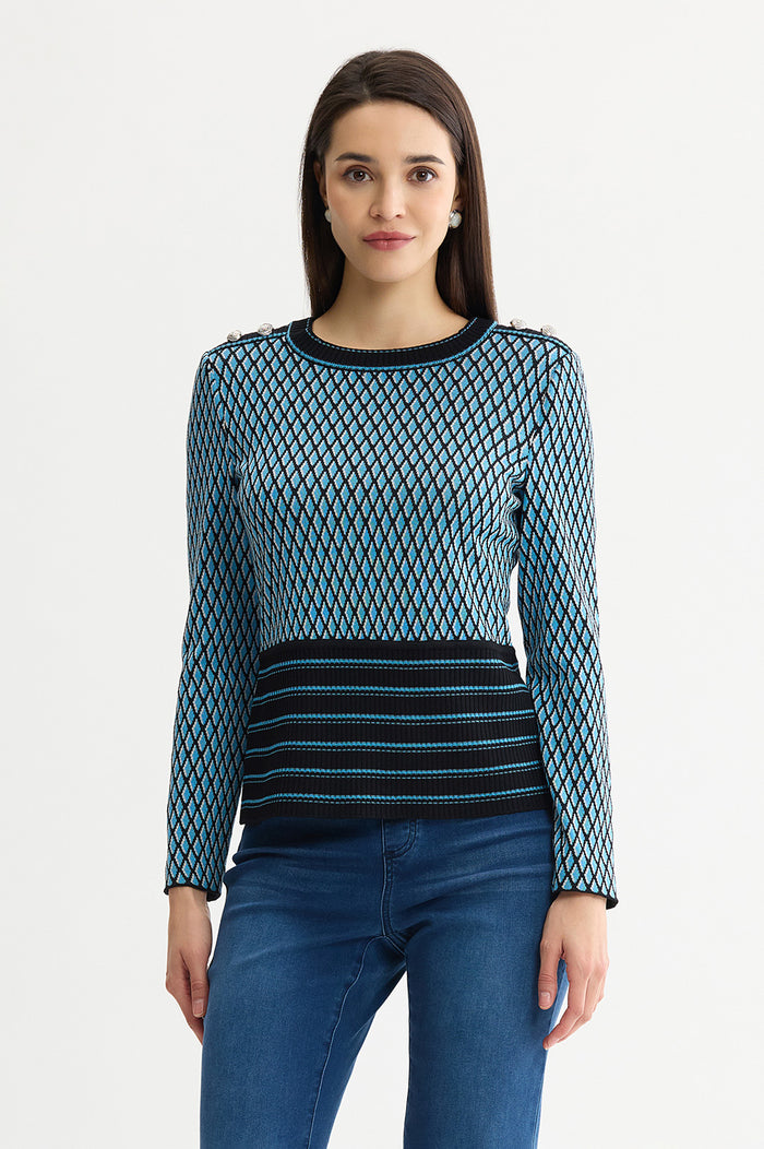 Diamond Pattern Soft Ribbed Knit Top, Tranquil Blue/Lunar Rock/Black | Ming Wang