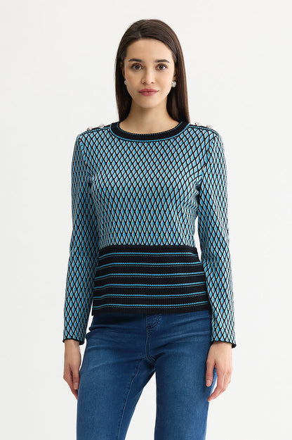 Diamond Pattern Soft Ribbed Knit Top, Tranquil Blue/Lunar Rock/Black | Ming Wang