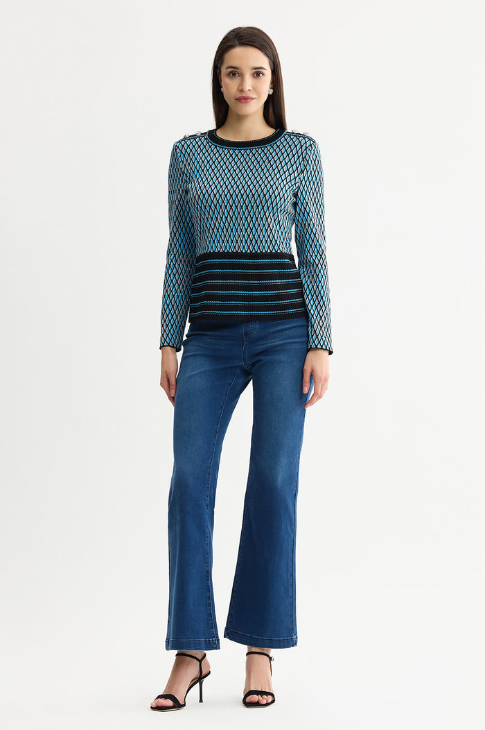 Diamond Pattern Soft Ribbed Knit Top, Tranquil Blue/Lunar Rock/Black | Ming Wang