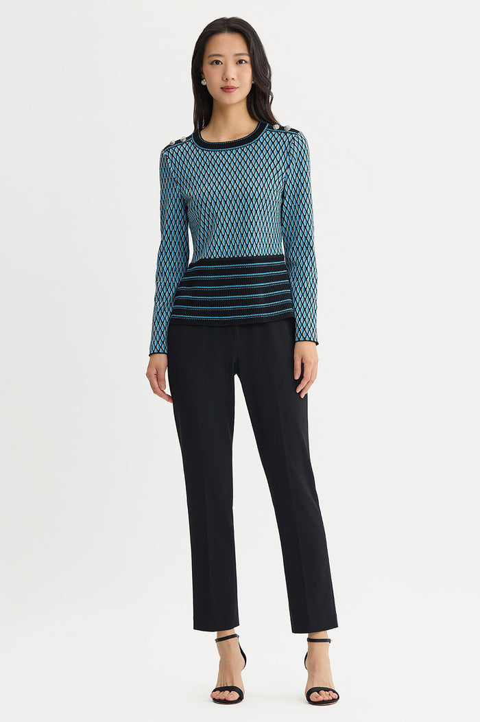 Diamond Pattern Soft Ribbed Knit Top, Tranquil Blue/Lunar Rock/Black | Ming Wang