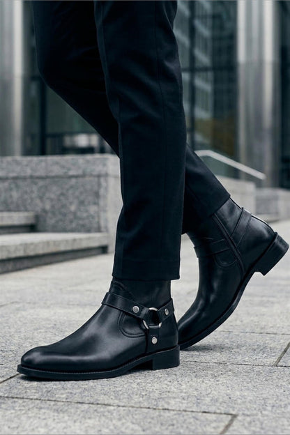 DIEGO Men’s Black Polished Leather Side Zip Ankle Biker Boots