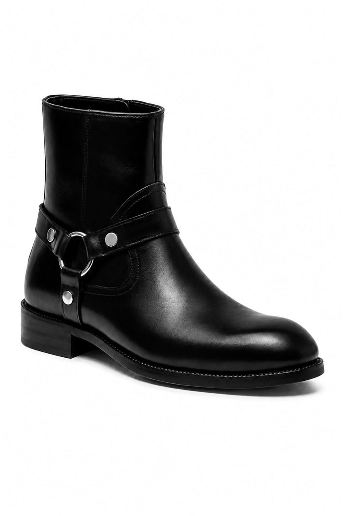 DIEGO Men’s Black Polished Leather Side Zip Ankle Biker Boots