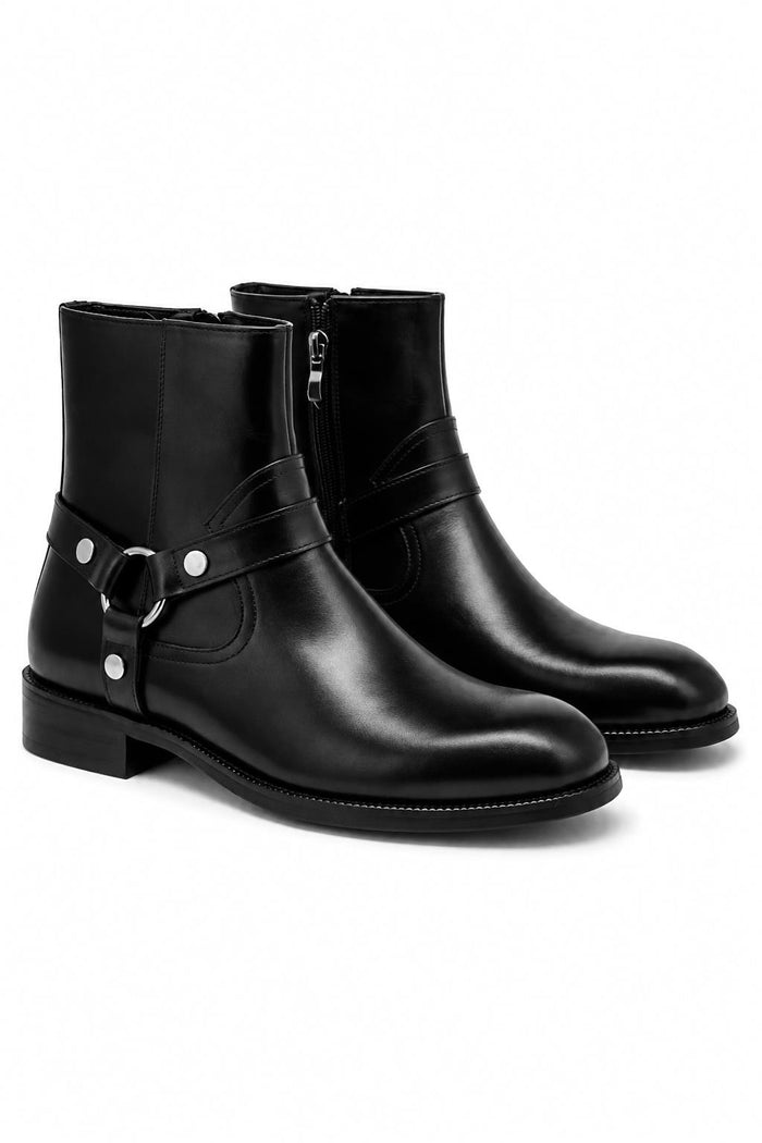 DIEGO Men’s Black Polished Leather Side Zip Ankle Biker Boots