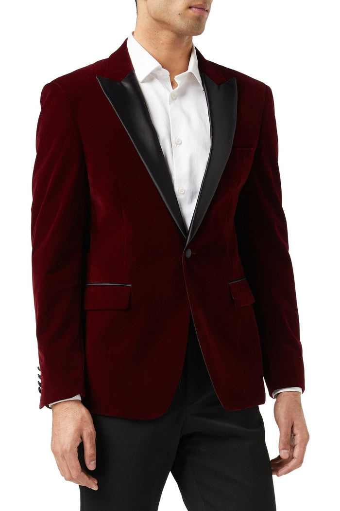 Men's Dinner Sam Burgundy Soft Velvet 4-Piece Tuxedo Suit Bundle