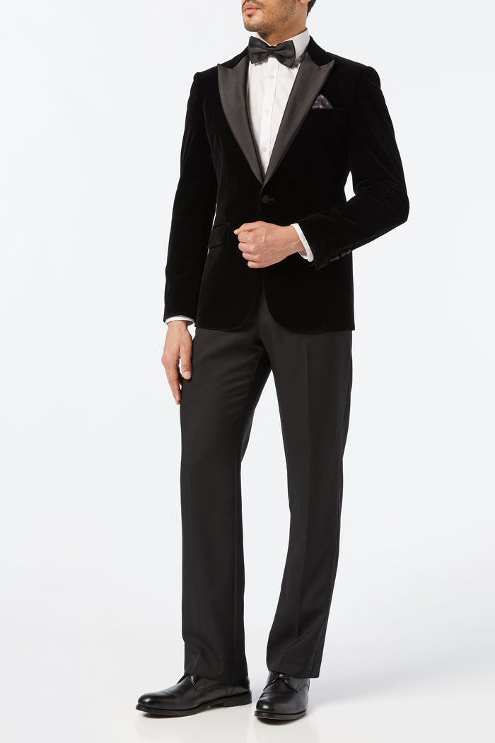 Black Velvet Tuxedo 5 Piece Set - Jacket, Shirt, Trouser, Bow & Shoes