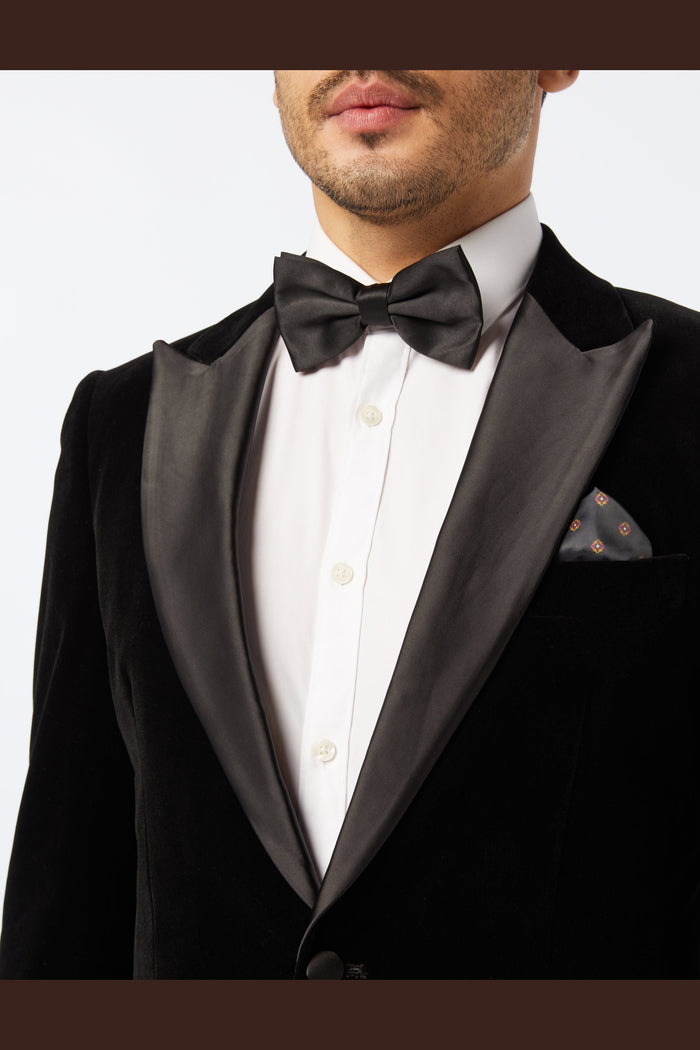 Black Velvet Tuxedo 5 Piece Set - Jacket, Shirt, Trouser, Bow & Shoes