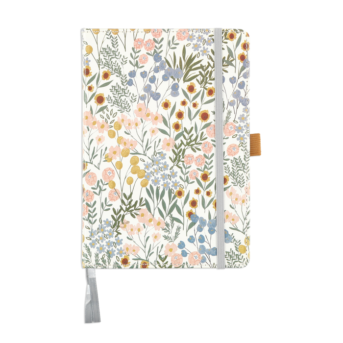 Ditsy Wildflower - Bullet Dot Grid Happy Journal® - 80 Sheets - 160gsm Paper featuring a floral cover with elastic band closure and ribbon bookmark, ideal for guided journaling and planning.