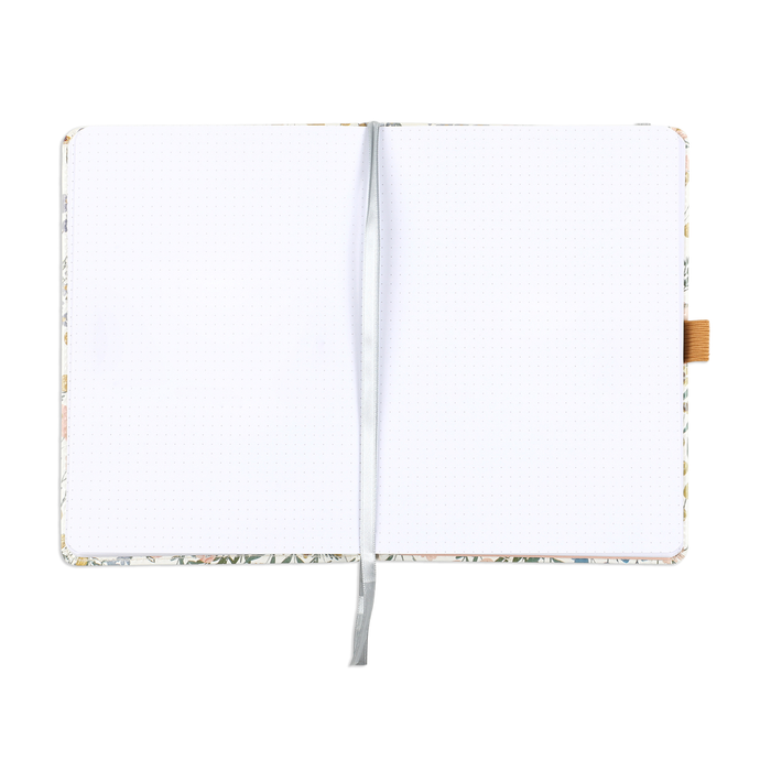 Open notebook showing two blank bullet dot grid pages with a ribbon bookmark, part of the Ditsy Wildflower - Bullet Dot Grid Happy Journal® - 80 Sheets - 160gsm Paper designed for journaling and planning.