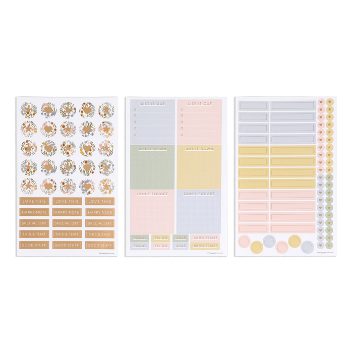 Three sheets of pastel-colored planner stickers featuring floral designs, labels, checklists, and icons, complementing the Ditsy Wildflower - Bullet Dot Grid Happy Journal® - 80 Sheets - 160gsm Paper.