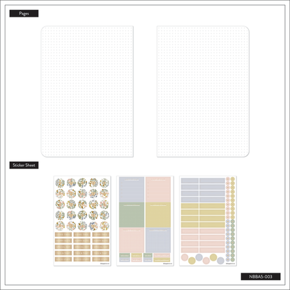 Ditsy Wildflower - Bullet Dot Grid Happy Journal® - 80 Sheets - 160gsm Paper open to two dot grid pages with rounded corners, accompanied by three pastel-colored sticker sheets featuring floral, label, and decorative designs.