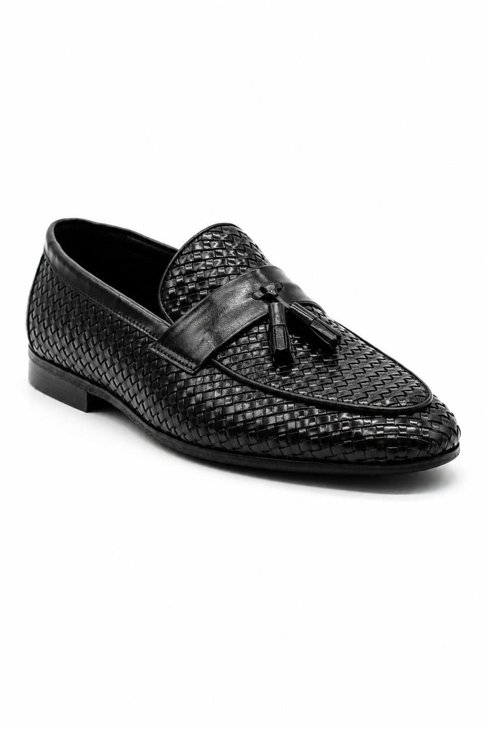 DIVO Men’s Black Handmade Woven Leather Tassel Loafers