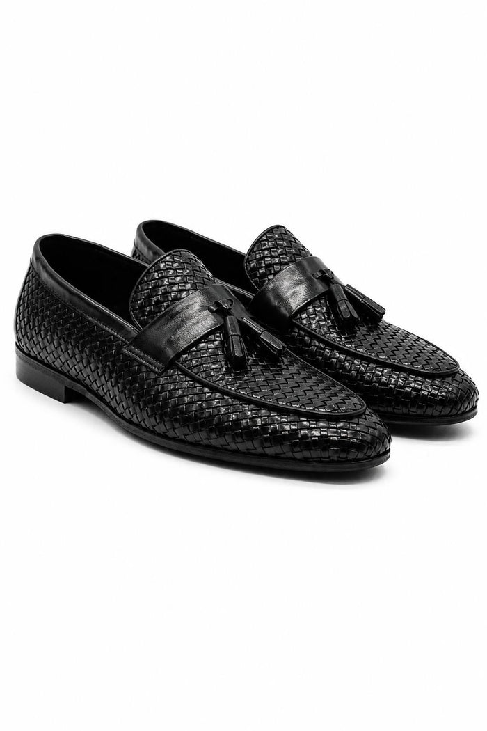 DIVO Men’s Black Handmade Woven Leather Tassel Loafers