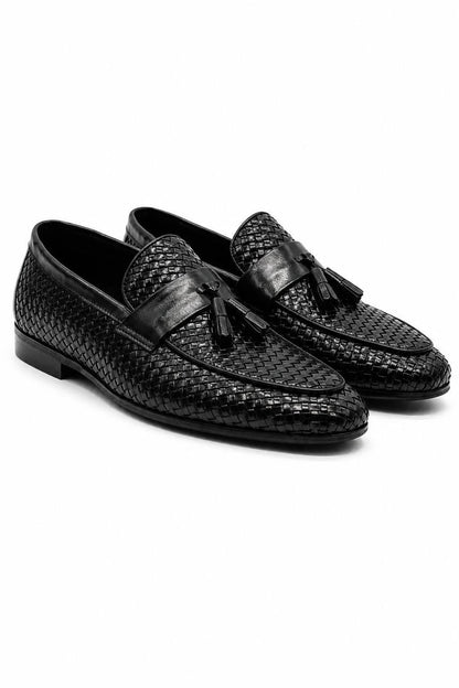 DIVO Men’s Black Handmade Woven Leather Tassel Loafers