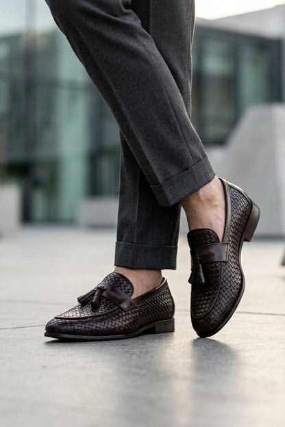 DIVO Men’s Brown Handmade Woven Leather Tassel Loafers