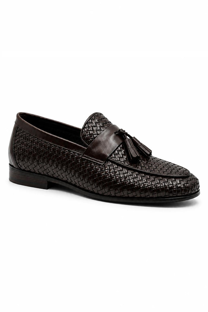 DIVO Men’s Brown Handmade Woven Leather Tassel Loafers