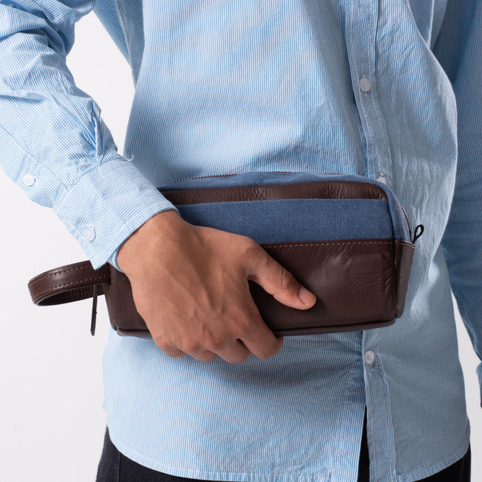 Dopp Kit Leather & Canvas lightweight handbag | Blue & Brown - Spiš.