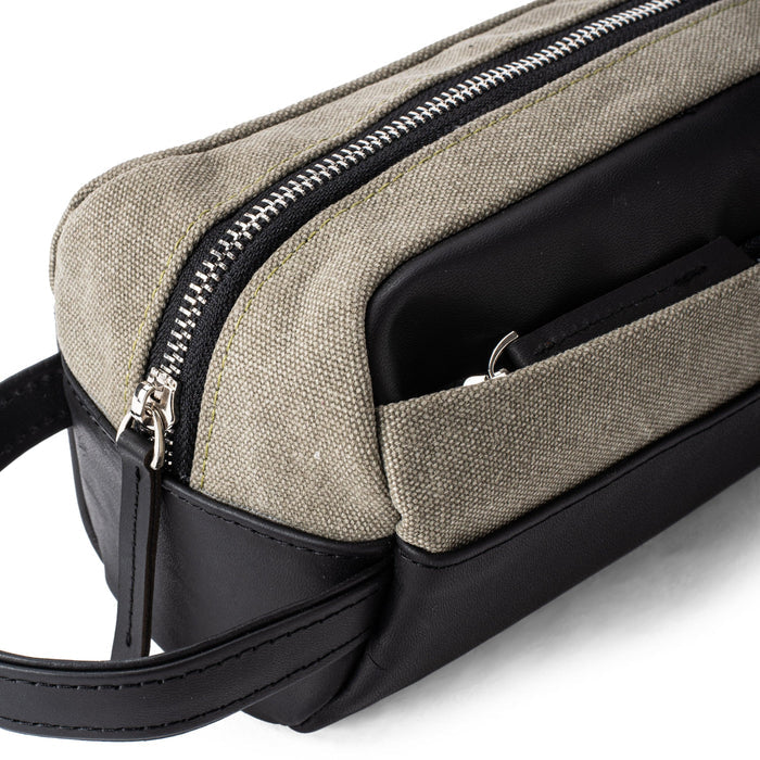 Dopp Kit Leather & Canvas lightweight handbag | Olive Grey & Black - Spiš.