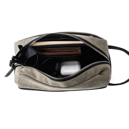 Dopp Kit Leather & Canvas lightweight handbag | Olive Grey & Black - Spiš.