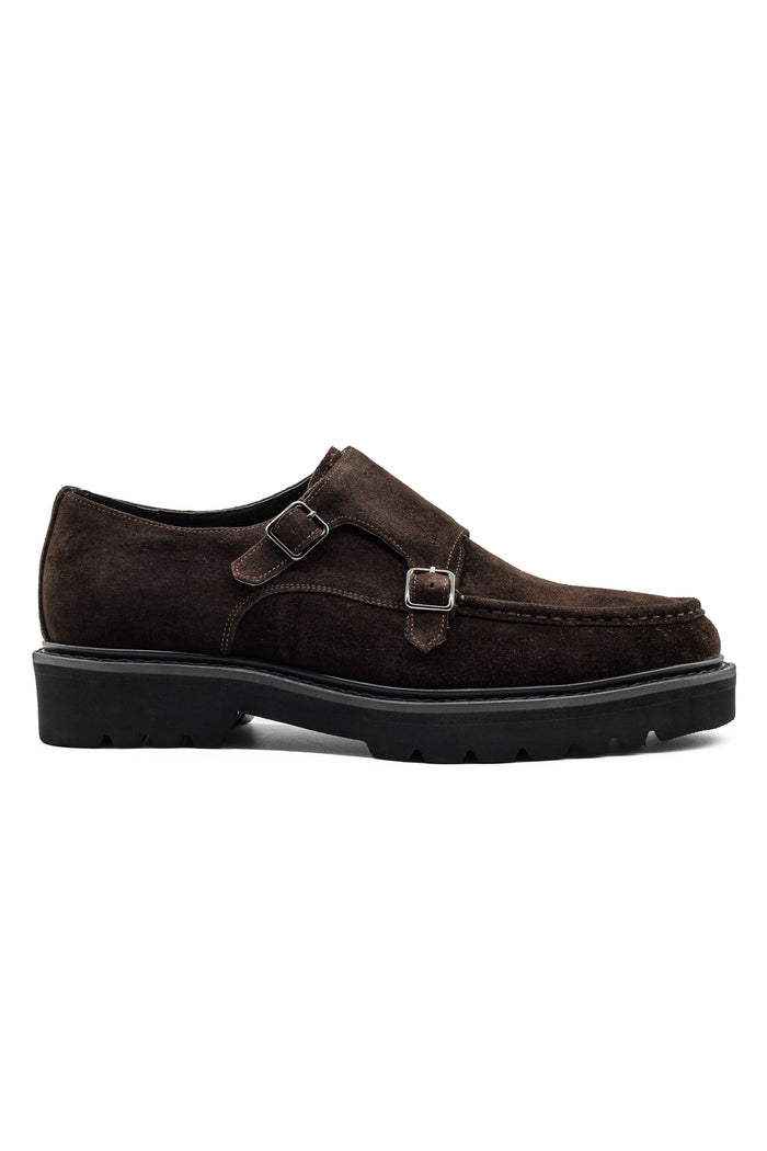 Double Buckle Suede Monk Shoes in Brown