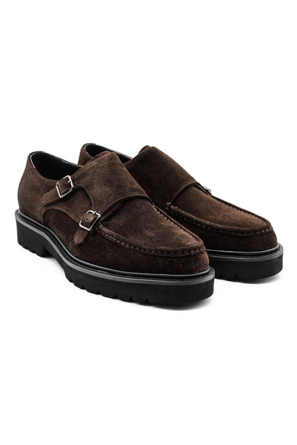 Double Buckle Suede Monk Shoes in Brown