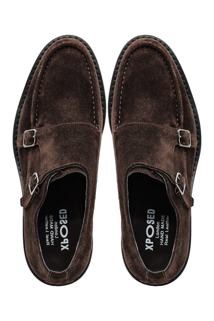 Double Buckle Suede Monk Shoes in Brown