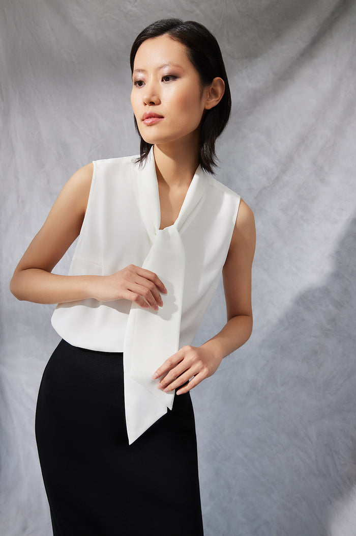 Drape Tie-Neck Crepe de Chine Blouse, White, White | Ming Wang