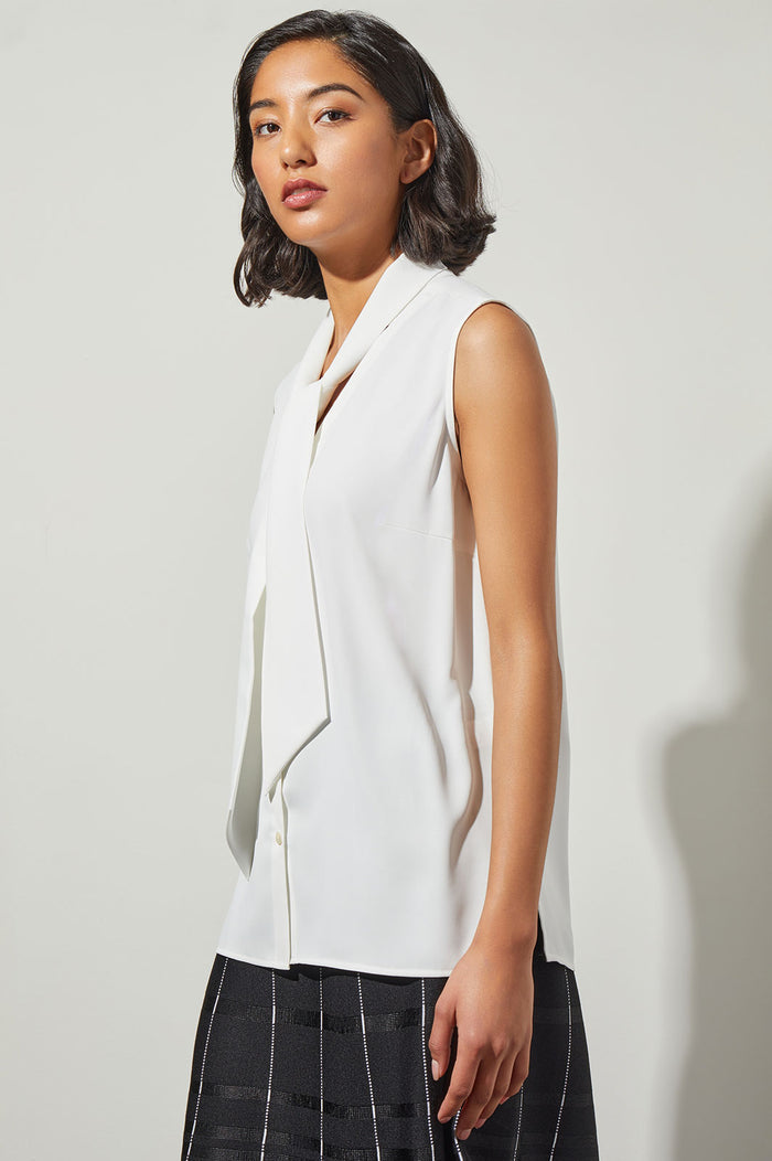 Drape Tie-Neck Crepe de Chine Blouse, White | Ming Wang