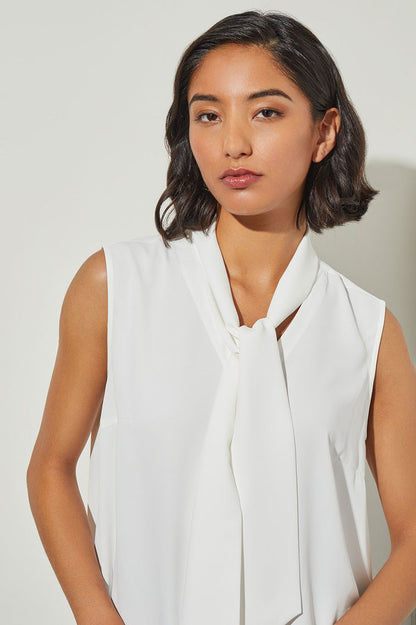 Drape Tie-Neck Crepe de Chine Blouse, White | Ming Wang