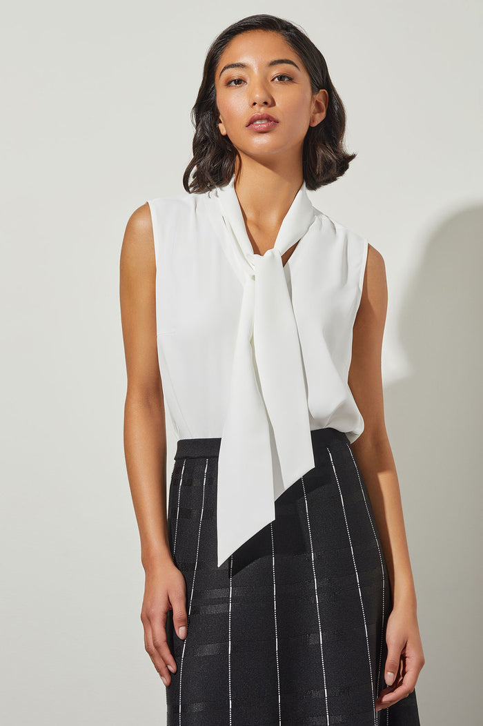 Drape Tie-Neck Crepe de Chine Blouse, White | Ming Wang