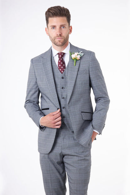 EKON - Grey Prince of Wales Check Suit 3 Piece Tailored Fit