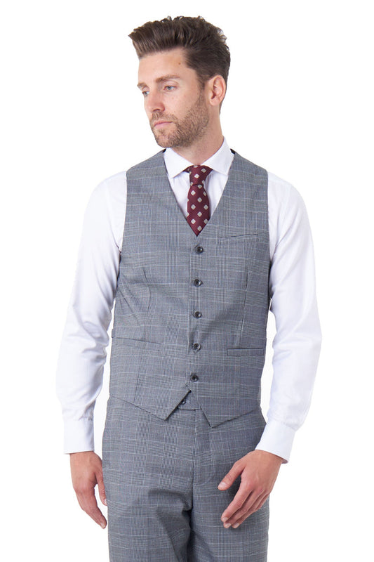 EKON - Grey Prince of Wales Check Tailored Fit Waistcoat