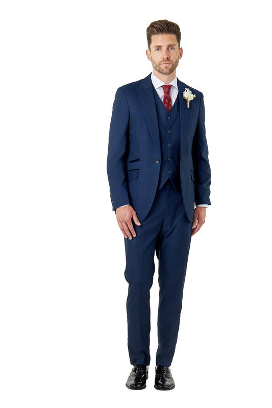EKON - Navy Prince of Wales Check Suit 3 Piece Tailored Fit