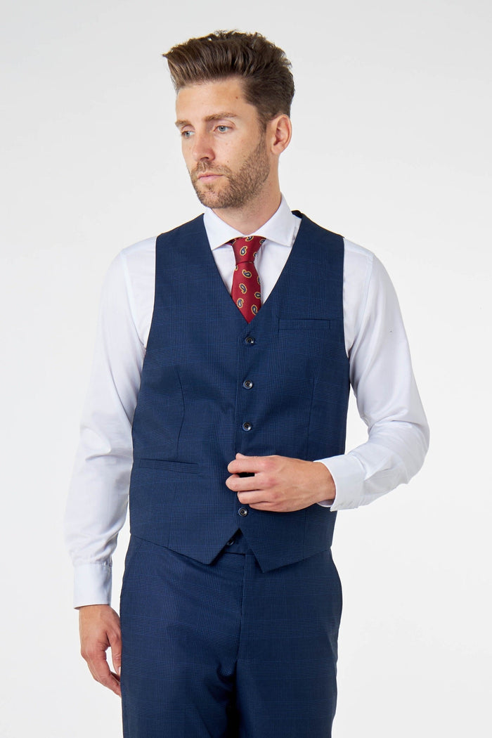 EKON - Navy Prince of Wales Check Suit 3 Piece Tailored Fit