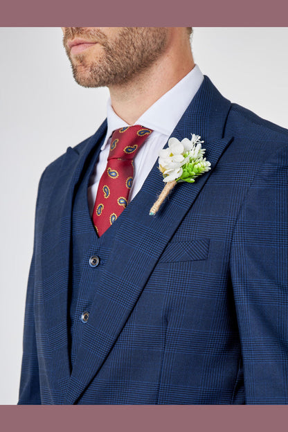 EKON - Navy Prince of Wales Check Suit 3 Piece Tailored Fit