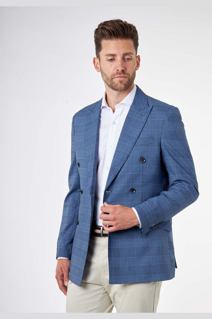 EKON – Blue Price of Wales Check Tailored Double Breasted Jacket