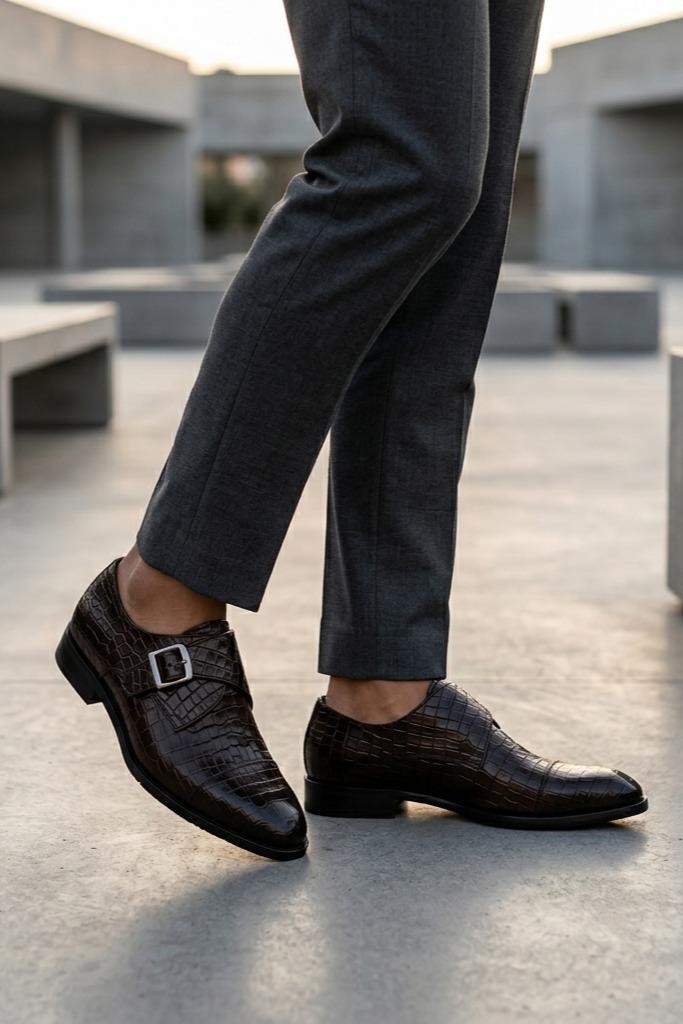 ELAN - Men's Coffee Brown Croc Embossed Leather Single Monk Strap Shoes