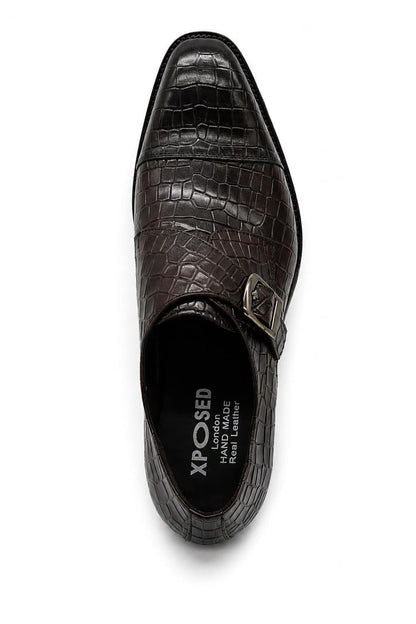 ELAN - Men's Coffee Brown Croc Embossed Leather Single Monk Strap Shoes