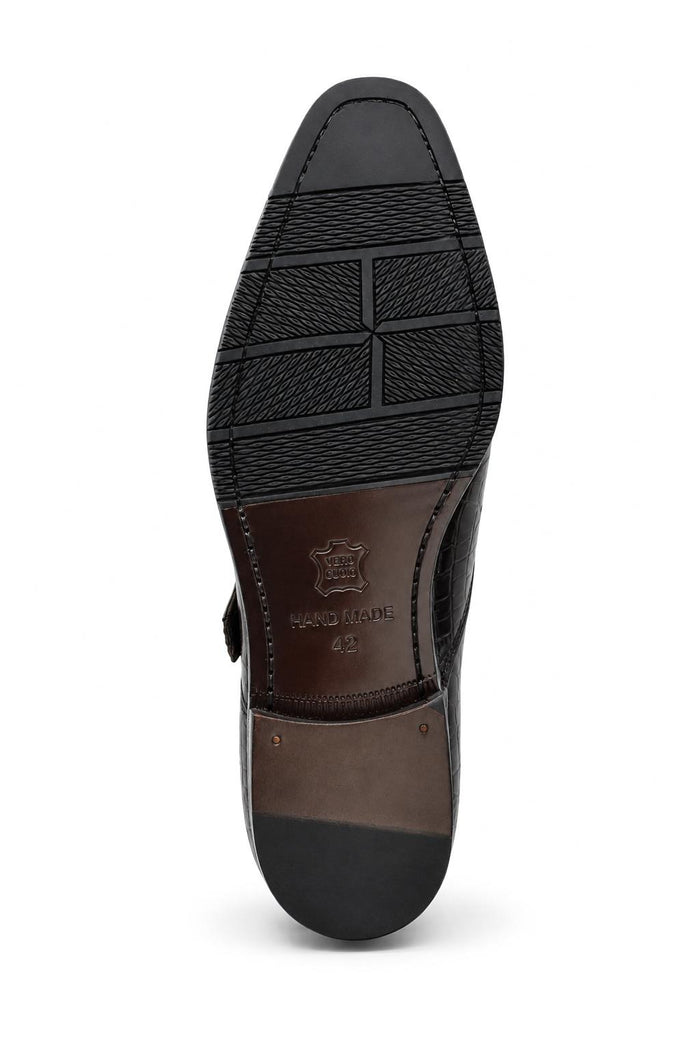 ELAN - Men's Coffee Brown Croc Embossed Leather Single Monk Strap Shoes