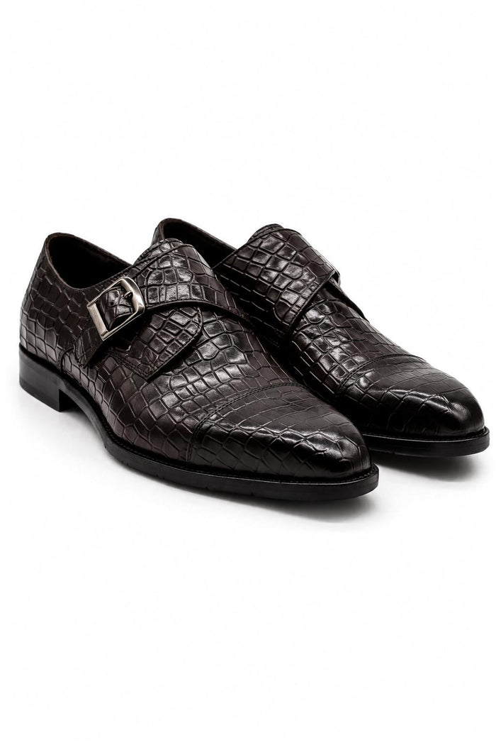 ELAN - Men's Coffee Brown Croc Embossed Leather Single Monk Strap Shoes