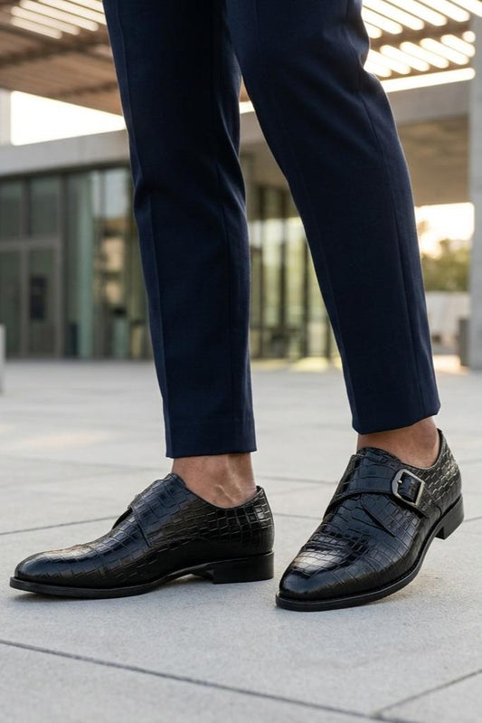ELAN Men's Black Croc Embossed Leather Single Monk Strap Shoes