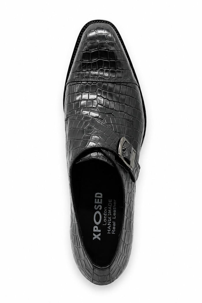 ELAN Men's Black Croc Embossed Leather Single Monk Strap Shoes