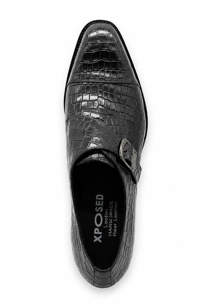 ELAN Men's Black Croc Embossed Leather Single Monk Strap Shoes