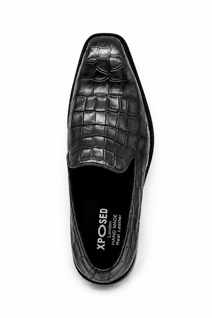 ELBA Men’s Grey Croc Embossed Leather Chisel Toe Loafers