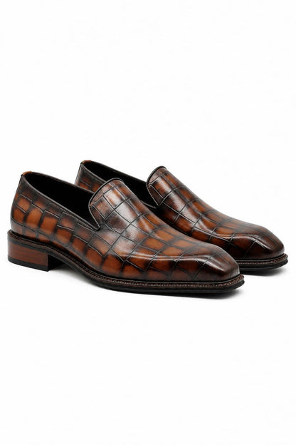 ELBA Men’s Tan Croc Embossed Leather Chisel Toe Loafers