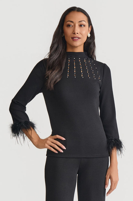 Embellished High Neck Soft Knit Top, Black/White | Ming Wang